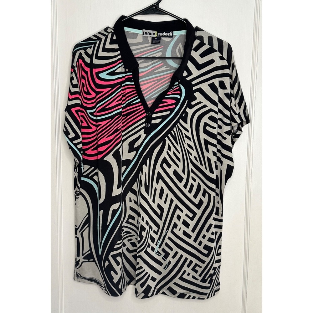 Jamie Sadock Size XXL Pink Blue Gray Black Geometric Print SS Golf Polo Shirt